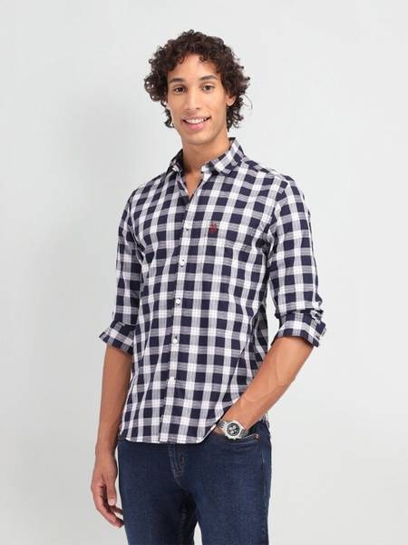 U.S. POLO ASSN. Men Checkered Casual White, Blue Shirt