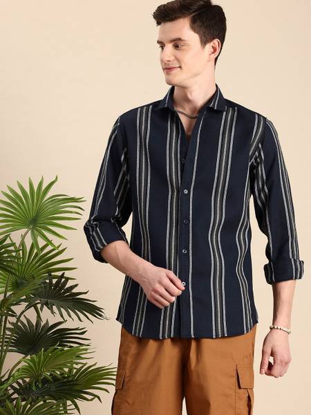 Mast & Harbour Men Striped Casual Blue Shirt