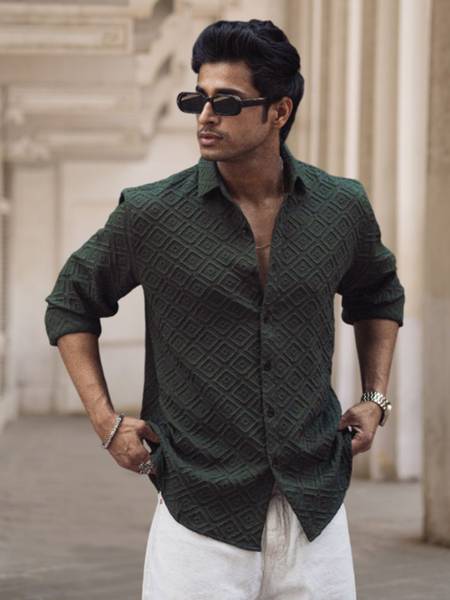 Powerlook Men Self Design Casual Green Shirt