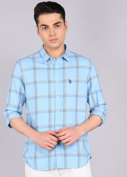 U.S. POLO ASSN. Men Checkered Casual Light Blue Shirt