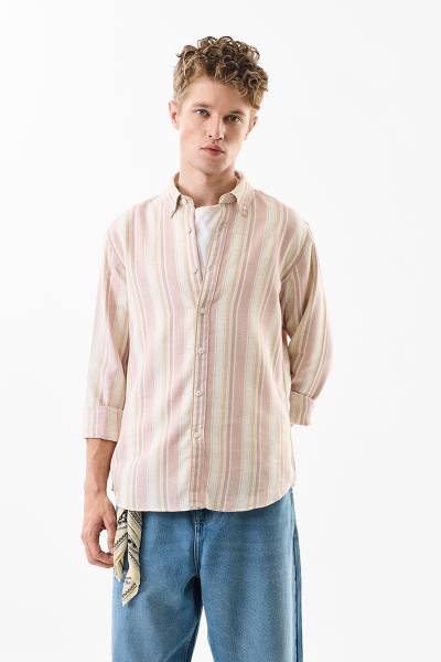 Snitch Men Striped Casual Pink Shirt