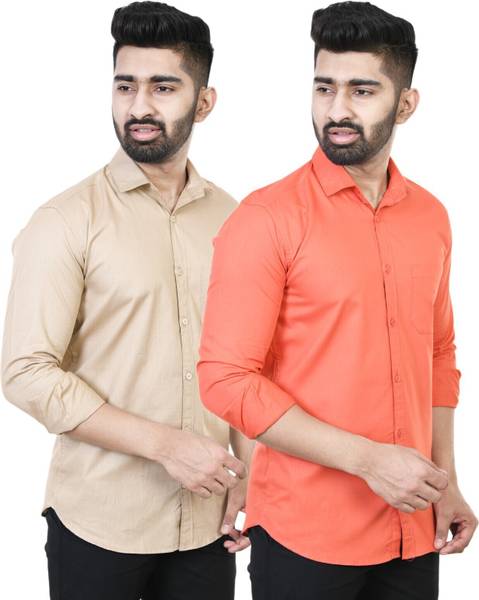 Feel high Men Solid Casual Orange, Cream Shirt