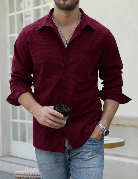 FIRST POSTION Men Self Design Casual Maroon Shirt
