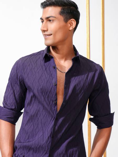 LOCOMOTIVE Men Self Design Casual Purple Shirt