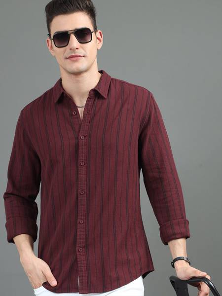 HERE&NOW Men Striped Casual Maroon Shirt