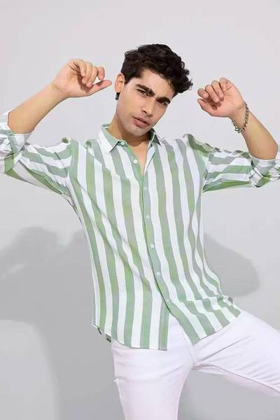 RODEIZ Men Striped Casual Green Shirt