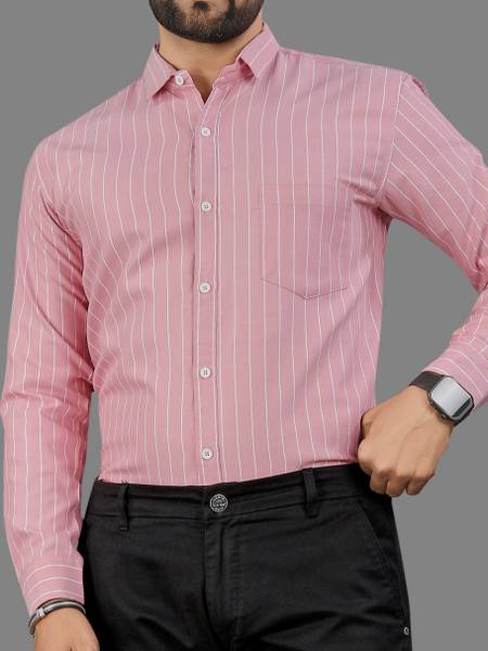 MILDIN Men Striped Formal Pink Shirt