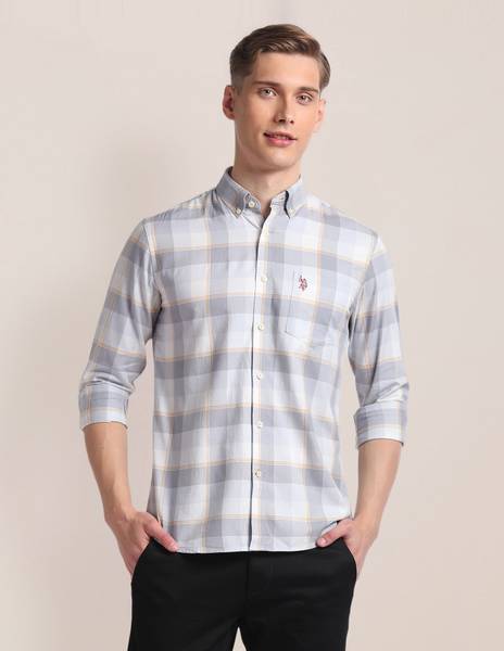 U.S. POLO ASSN. Men Checkered Casual Grey, White, Yellow Shirt