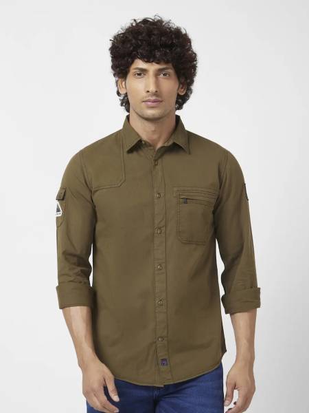 Spykar Men Solid Casual Dark Green Shirt