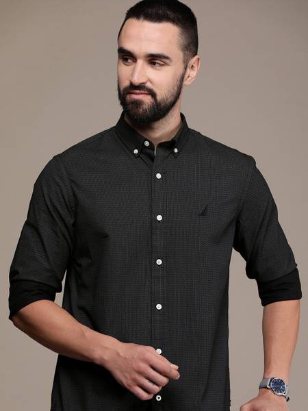 NAUTICA Men Printed Casual Black, Grey Shirt
