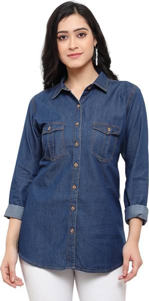HouseOfCommon Women Washed Casual Blue Shirt