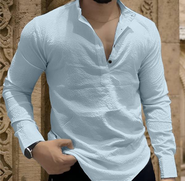JACKBELLA Men Self Design Casual Light Blue Shirt