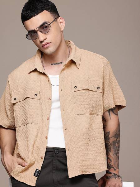 Roadster Men Self Design Casual Beige Shirt