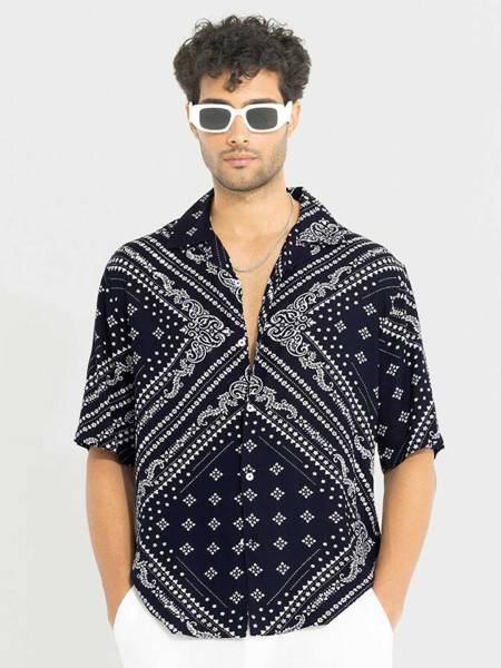 Snitch Men Printed Casual Dark Blue, White Shirt