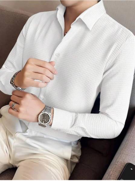 JACKBELLA Men Self Design Casual White Shirt