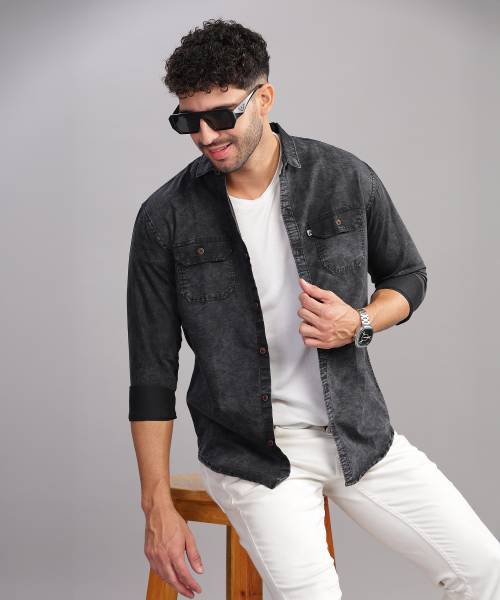 AIDAN PAUL Men Washed Casual Black Shirt