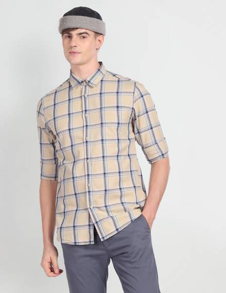 FLYING MACHINE Men Checkered Casual Beige Shirt