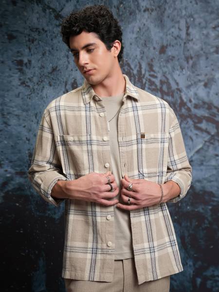 LOCOMOTIVE Men Checkered Casual Beige Shirt