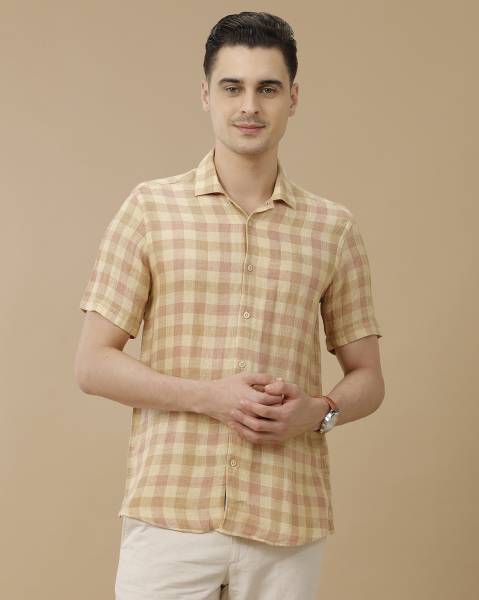 Linen Club Men Checkered Casual Beige Shirt