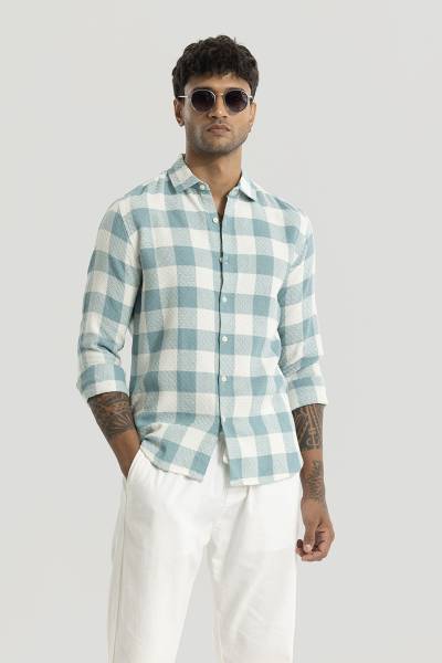 Snitch Men Checkered Casual Light Blue Shirt
