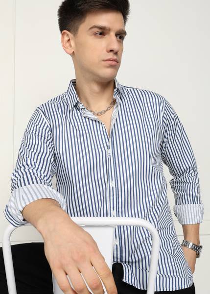U TURN Men Striped Casual Blue Shirt