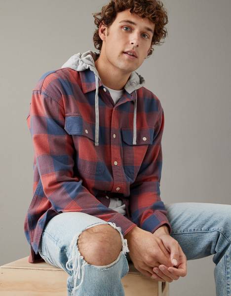 American Eagle Men Checkered Casual Red, Blue, Purple Shirt