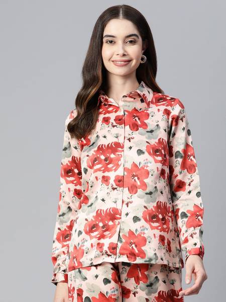PLUSS Women Floral Print Casual Grey, Pink, Orange Shirt
