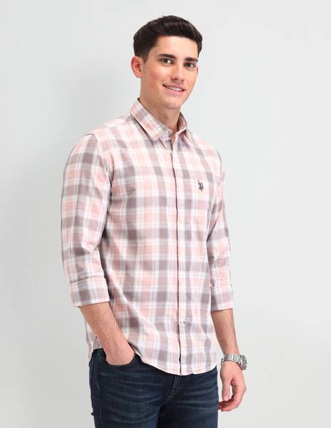 U.S. POLO ASSN. Men Checkered Casual Brown Shirt