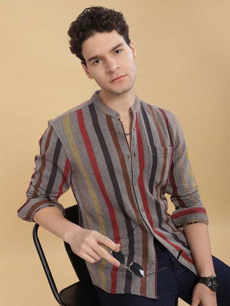 HERE&NOW Men Striped Casual Grey Shirt