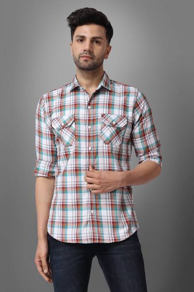 Voroxy Men Checkered Casual White Shirt