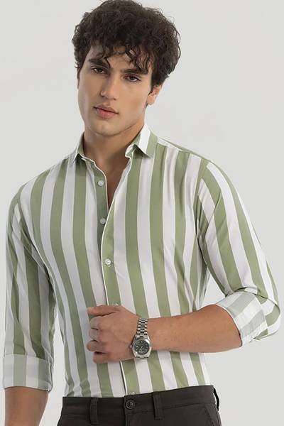 U TURN Men Striped Casual Green Shirt