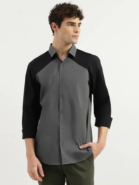 United Colors of Benetton Men Color Block Casual Black, Grey Shirt