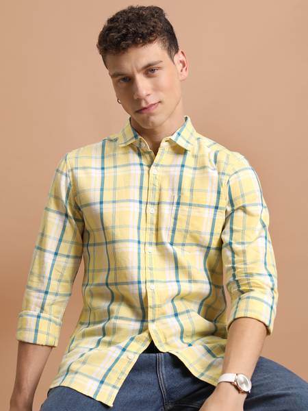 KETCH Men Checkered Casual Yellow Shirt