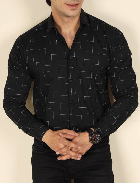 S-LINE Men Printed Formal Black Shirt