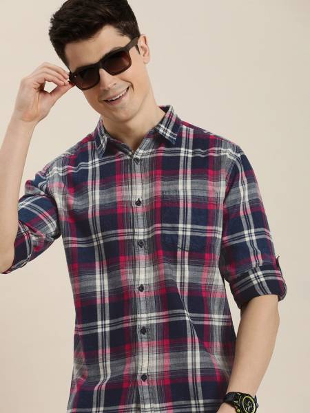 HERE&NOW Men Checkered Casual Blue Shirt