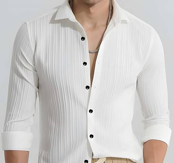 COMBRAIDED Men Striped Formal White Shirt