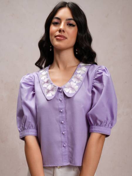 Tokyo Talkies Women Solid Casual Purple Shirt