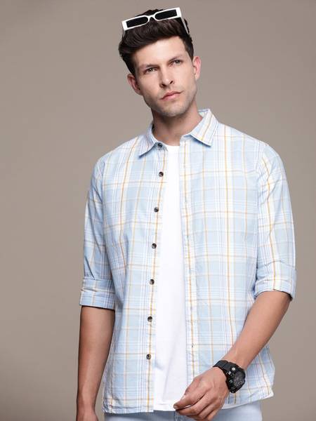 WROGN Men Checkered Casual Blue Shirt
