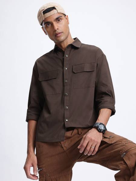 Glitchez Men Solid Casual Brown Shirt