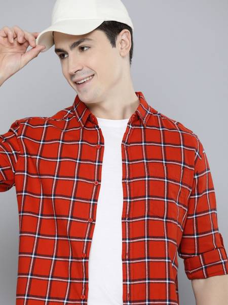 HERE&NOW Men Checkered Casual Red Shirt