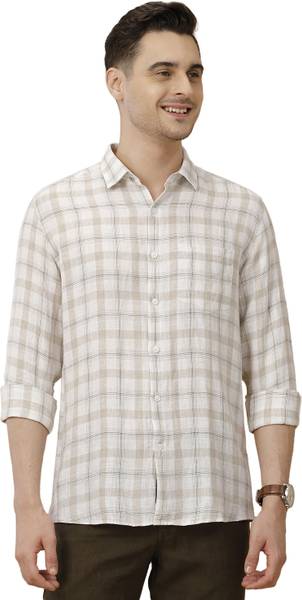 Linen Club Men Checkered Casual Beige Shirt