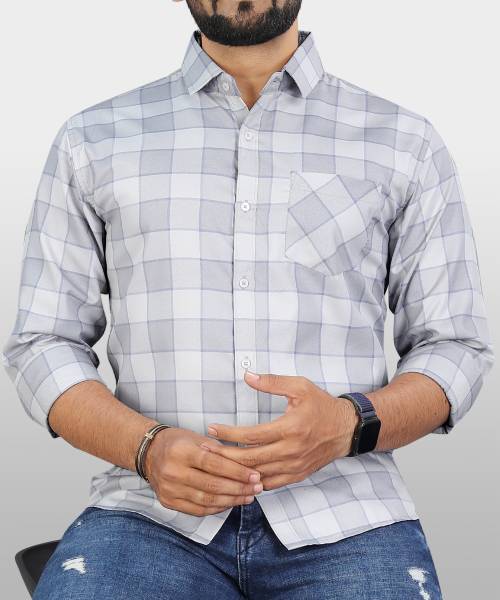 VeBNoR Men Checkered Casual Grey Shirt