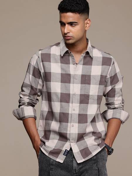 Roadster Men Checkered Casual Brown, Beige Shirt