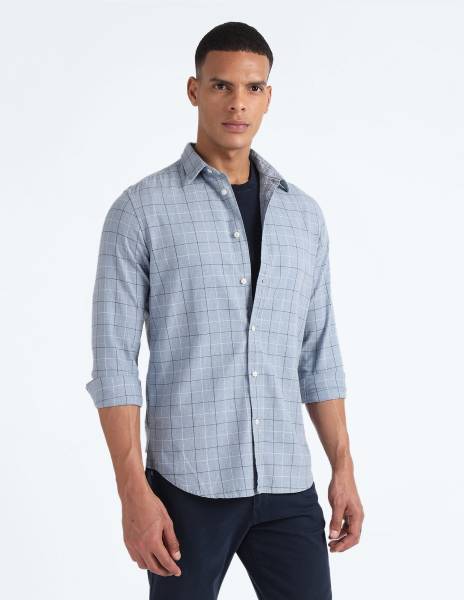 FLYING MACHINE Men Checkered Casual Light Blue, Black, White Shirt