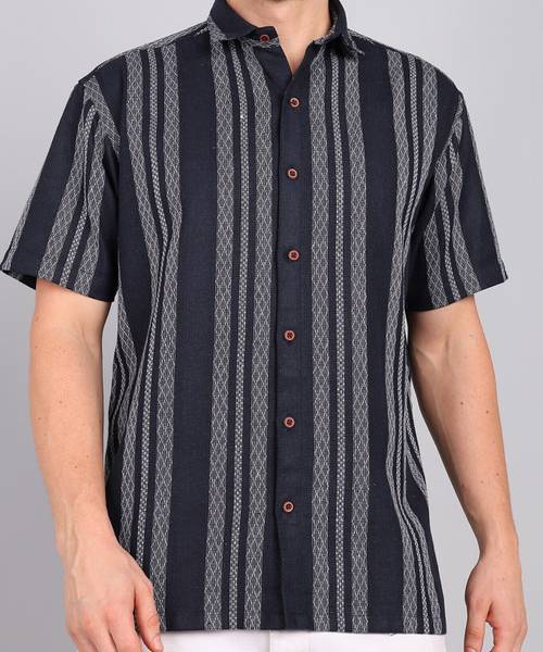 MILDIN Men Self Design Casual Dark Blue Shirt