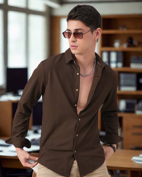 INDICLUB Men Self Design Casual Brown Shirt
