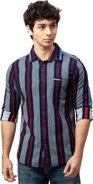 BEING HUMAN Men Striped Casual Grey Shirt