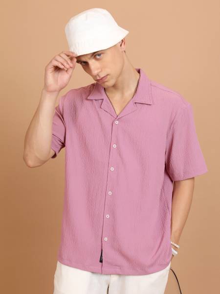 HIGHLANDER Men Self Design Casual Pink Shirt