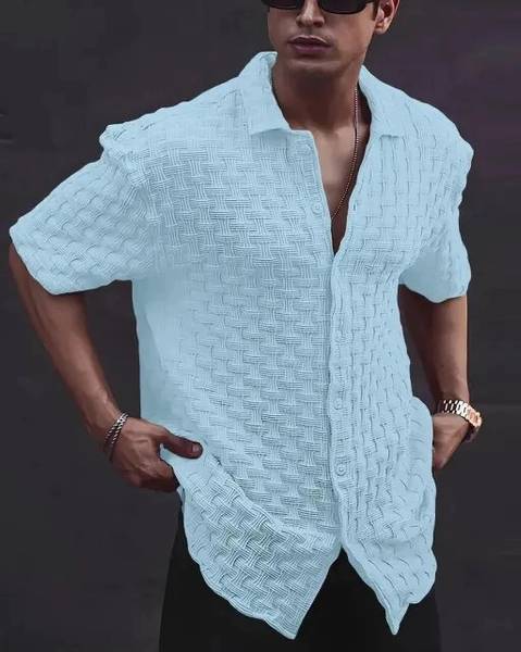AVAKAR Men Self Design Casual Light Blue Shirt