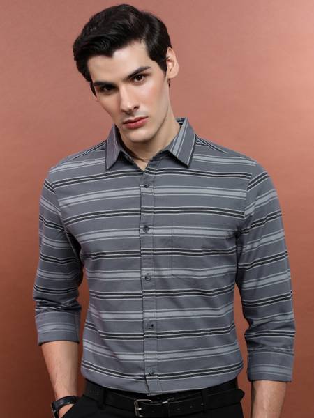 HIGHLANDER Men Striped Casual Grey Shirt